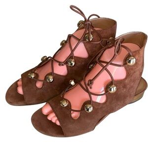 REBECCA MINKOFF Caramel Brown Suede Lace-Up Women’s Sandals, Gold Buttons. 7.5